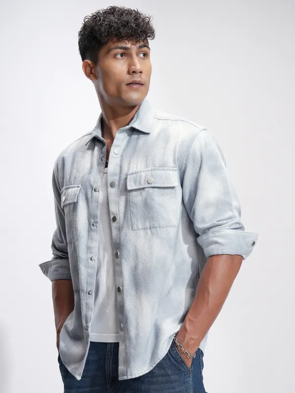 Highlander Men Blue Self Design Relaxed Fit Casual Shirt
