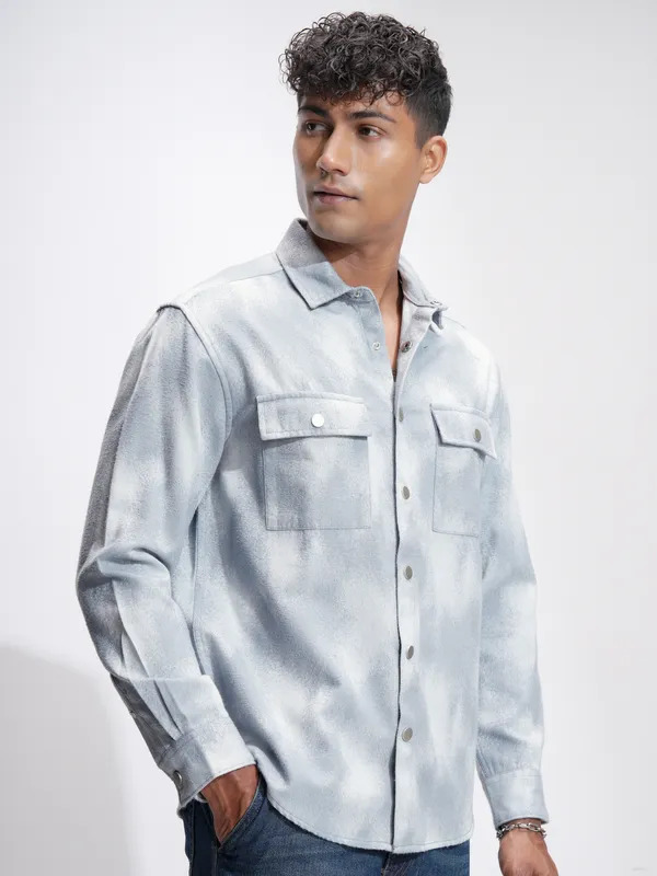 Highlander Men Blue Self Design Relaxed Fit Casual Shirt