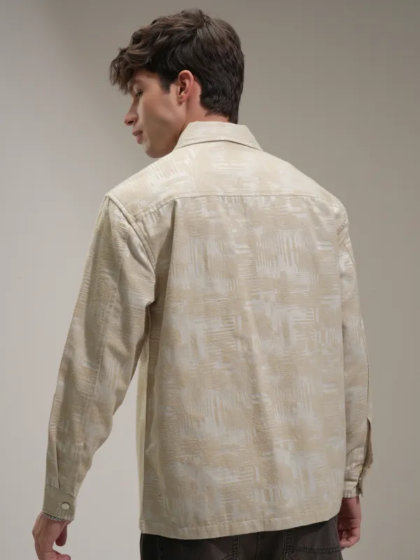 Highlander Men Beige Self Design Relaxed Fit Casual Shirt