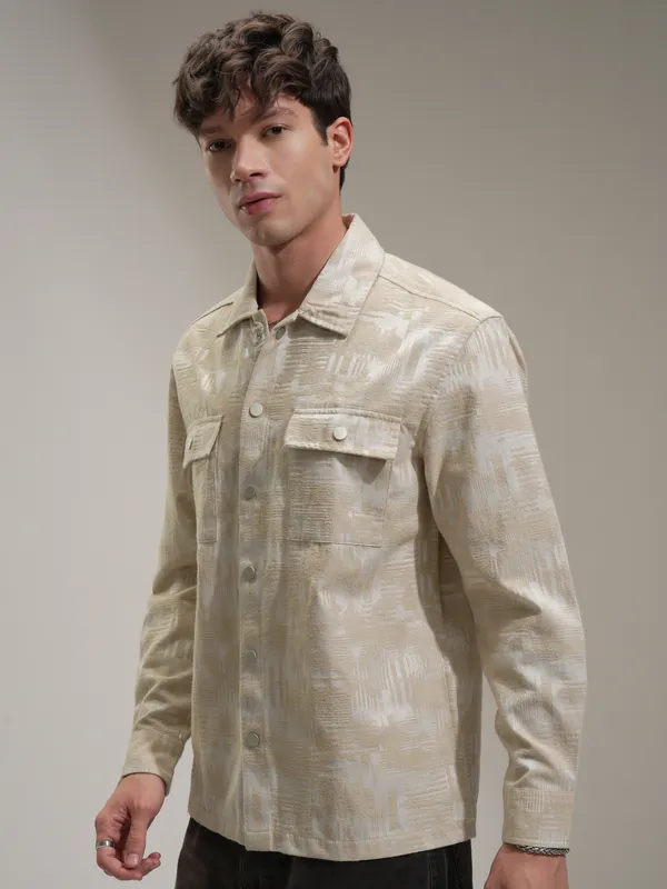 Highlander Men Beige Self Design Relaxed Fit Casual Shirt