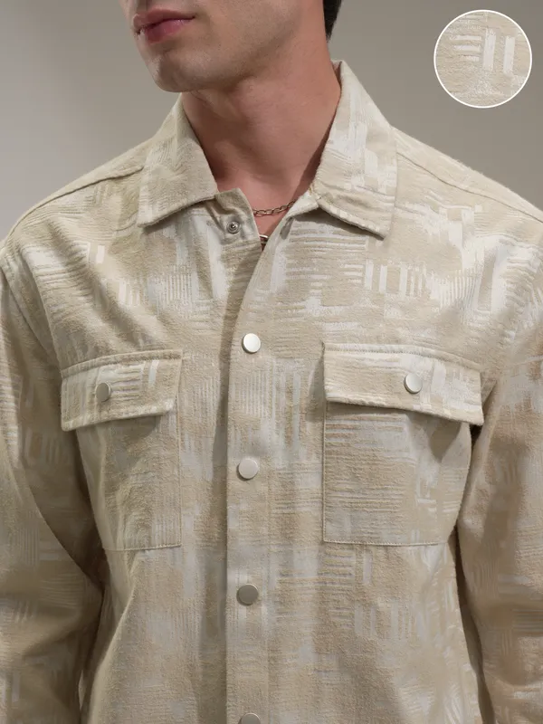 Highlander Men Beige Self Design Relaxed Fit Casual Shirt
