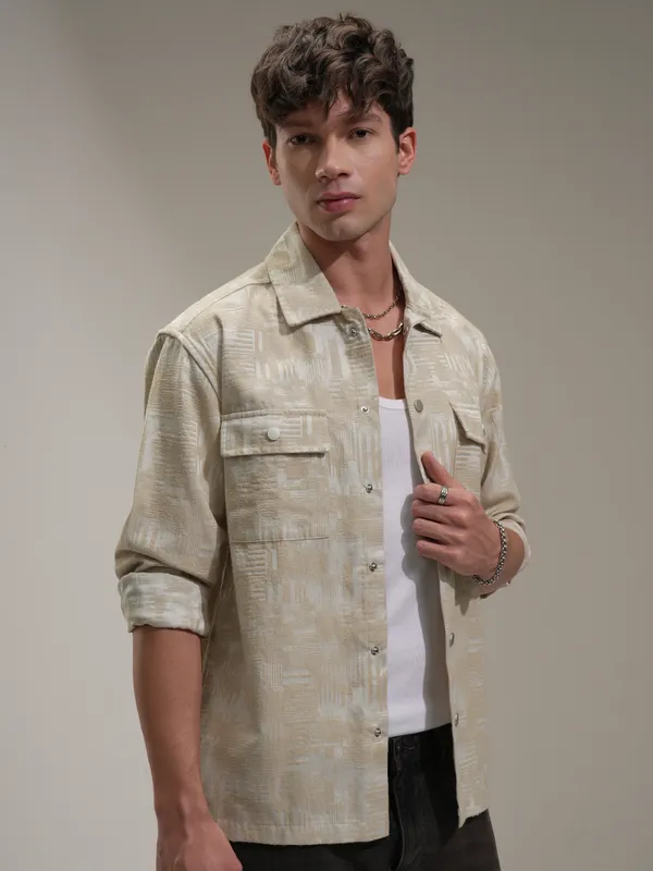 Highlander Men Beige Self Design Relaxed Fit Casual Shirt