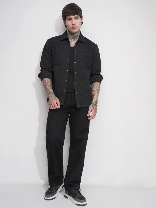 Highlander Men Black Self Design Relaxed Fit Casual Shirt