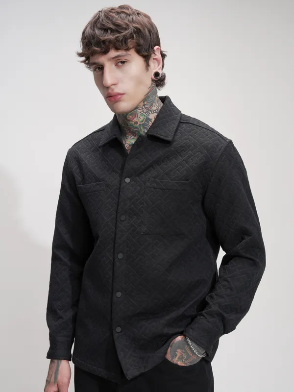 Highlander Men Black Self Design Relaxed Fit Casual Shirt