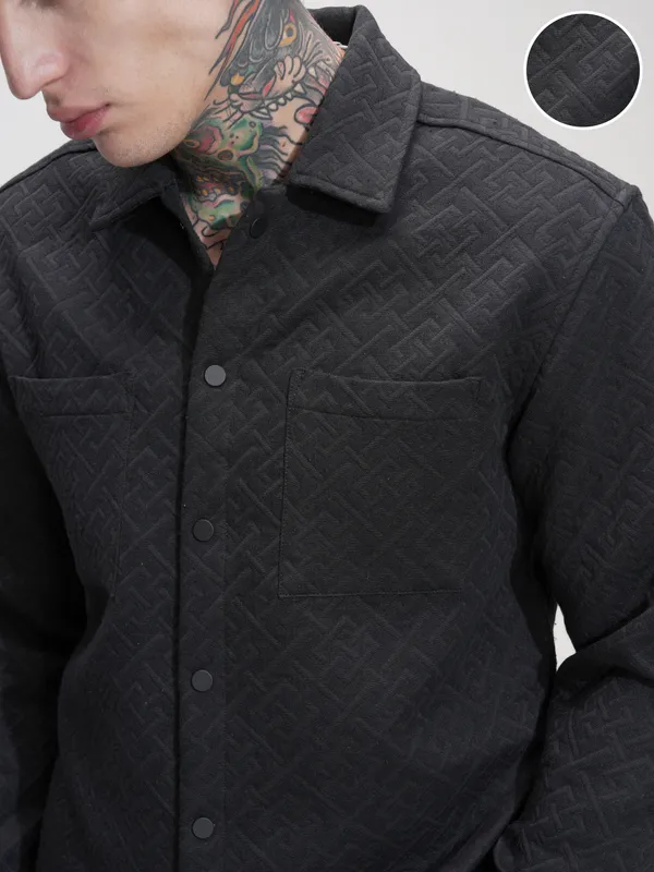 Highlander Men Black Self Design Relaxed Fit Casual Shirt