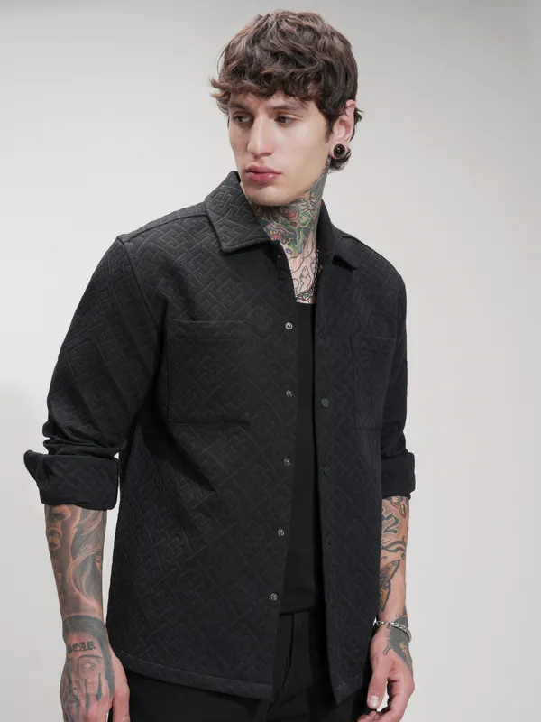 Highlander Men Black Self Design Relaxed Fit Casual Shirt