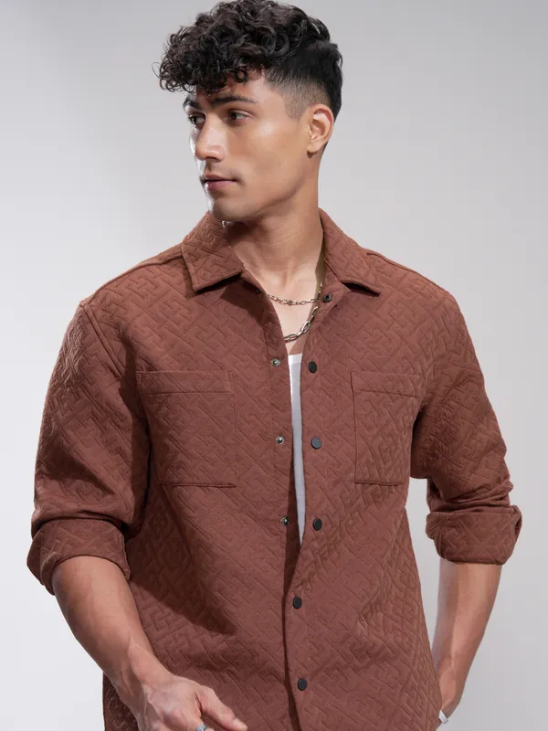 Highlander Men Rust Self Design Relaxed Fit Casual Shirt