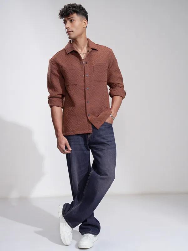 Highlander Men Rust Self Design Relaxed Fit Casual Shirt