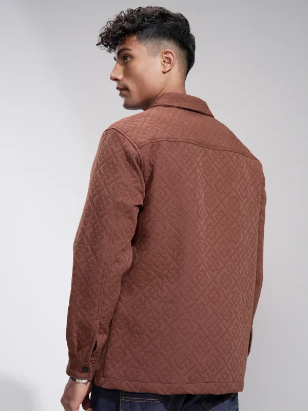 Highlander Men Rust Self Design Relaxed Fit Casual Shirt