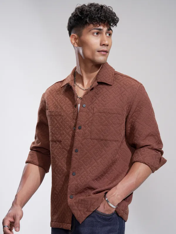 Highlander Men Rust Self Design Relaxed Fit Casual Shirt