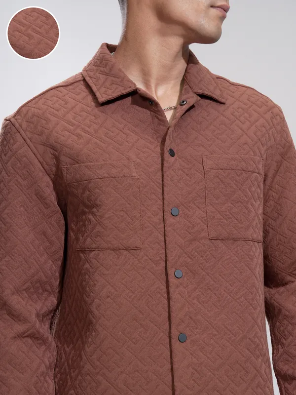 Highlander Men Rust Self Design Relaxed Fit Casual Shirt