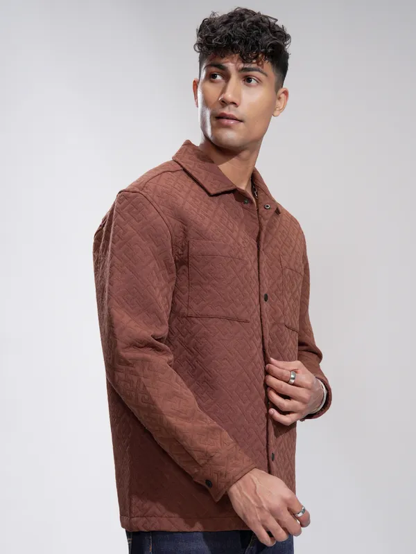 Highlander Men Rust Self Design Relaxed Fit Casual Shirt