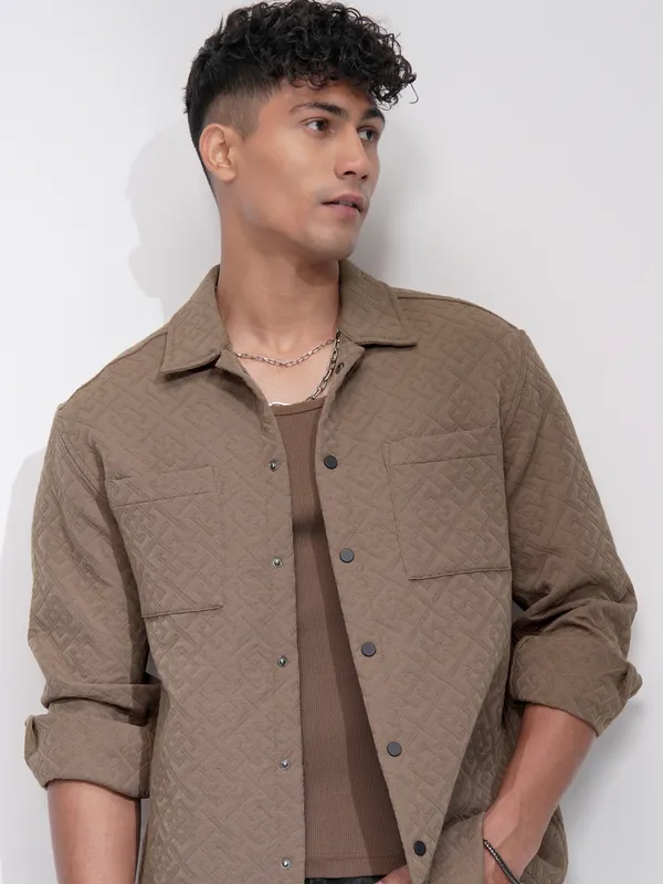 Highlander Men Beige Self Design Relaxed Fit Casual Shirt