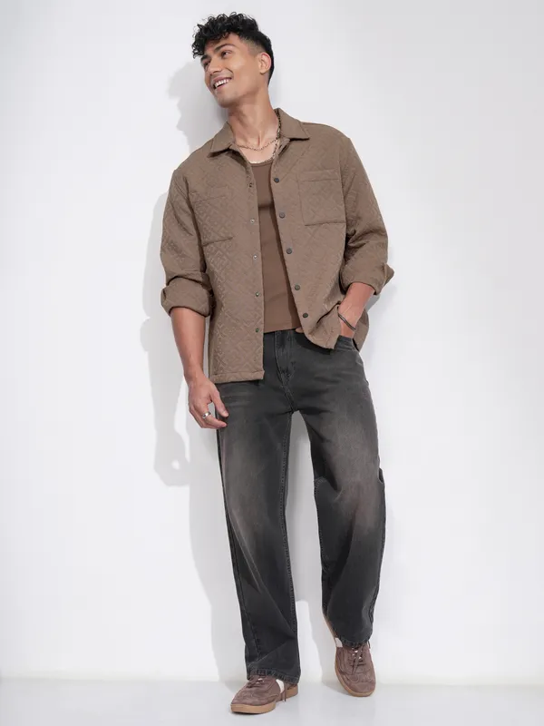 Highlander Men Beige Self Design Relaxed Fit Casual Shirt