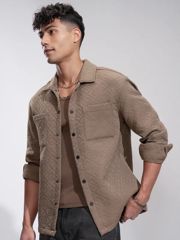 Highlander Men Beige Self Design Relaxed Fit Casual Shirt