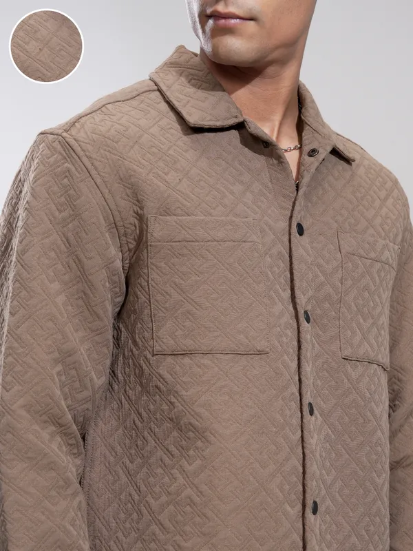 Highlander Men Beige Self Design Relaxed Fit Casual Shirt