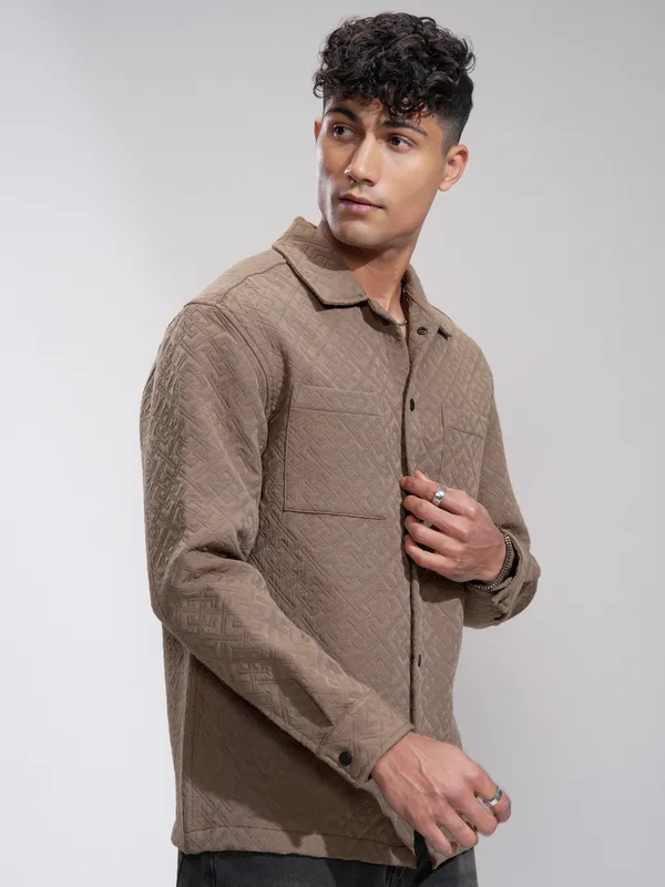 Highlander Men Beige Self Design Relaxed Fit Casual Shirt