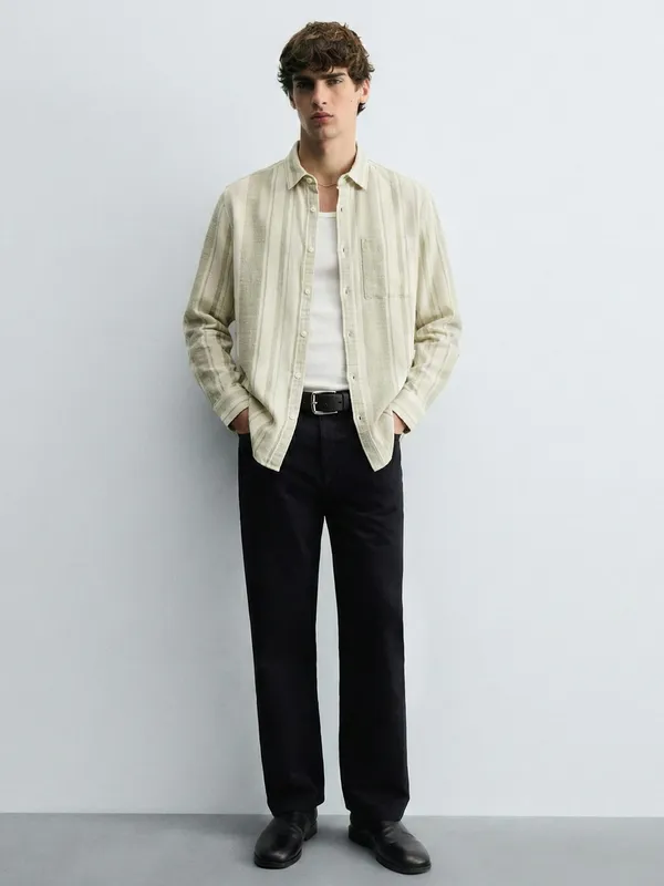 Highlander Men Cream Striped Relaxed Fit Casual Shirt