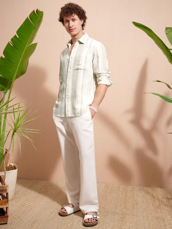 Highlander Men Cream Striped Relaxed Fit Casual Shirt