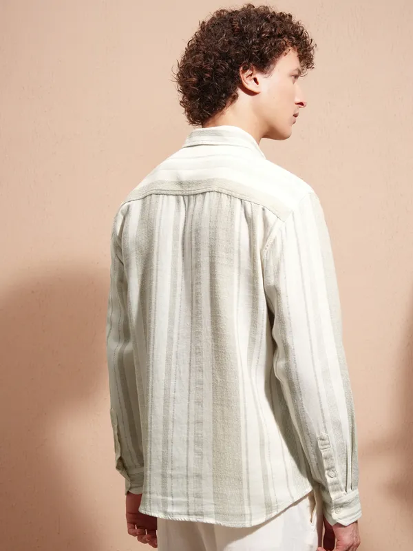 Highlander Men Cream Striped Relaxed Fit Casual Shirt