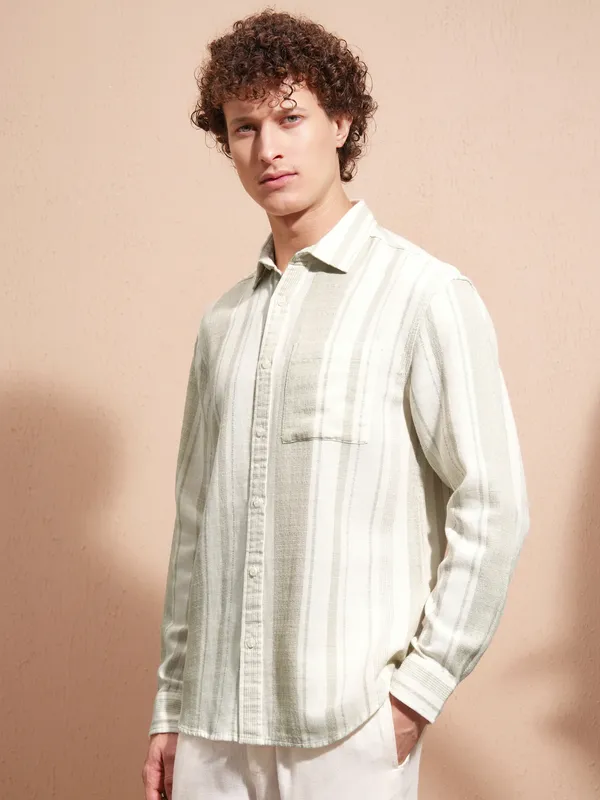 Highlander Men Cream Striped Relaxed Fit Casual Shirt