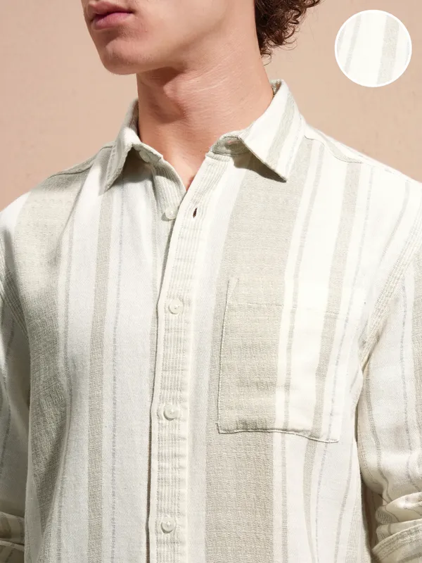 Highlander Men Cream Striped Relaxed Fit Casual Shirt