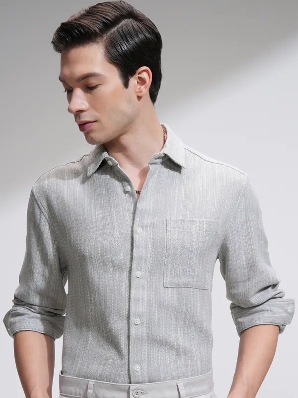 Highlander Men Grey Self Design Relaxed Fit Casual Shirt