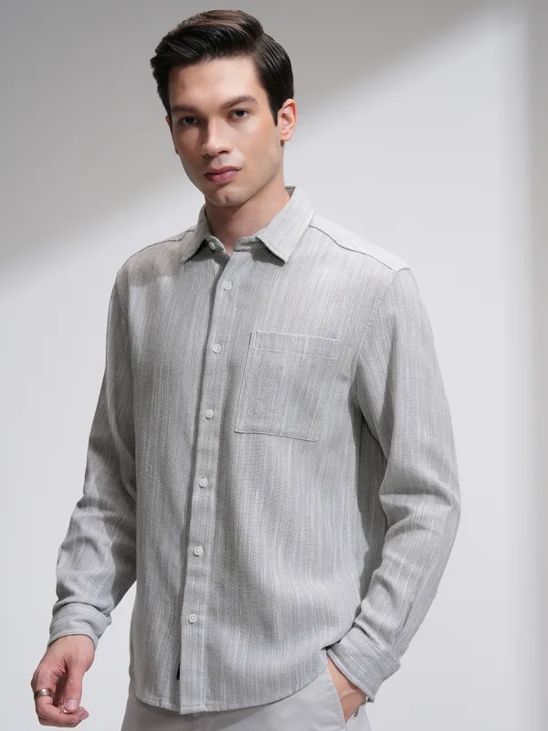 Highlander Men Grey Self Design Relaxed Fit Casual Shirt