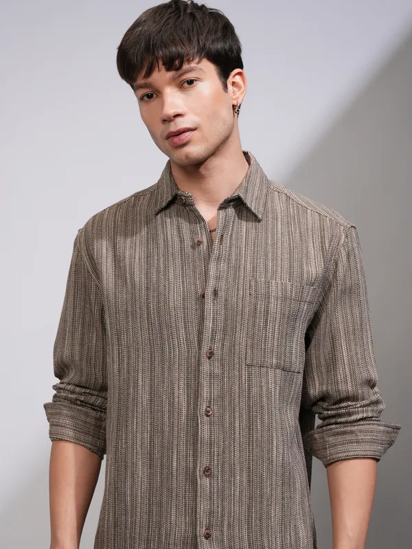 Highlander Men Brown Self Design Relaxed Fit Casual Shirt