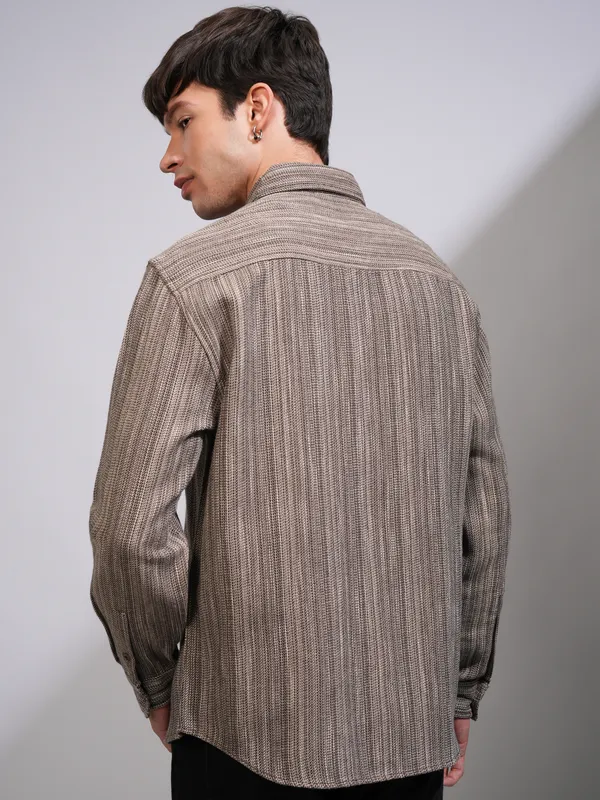 Highlander Men Brown Self Design Relaxed Fit Casual Shirt