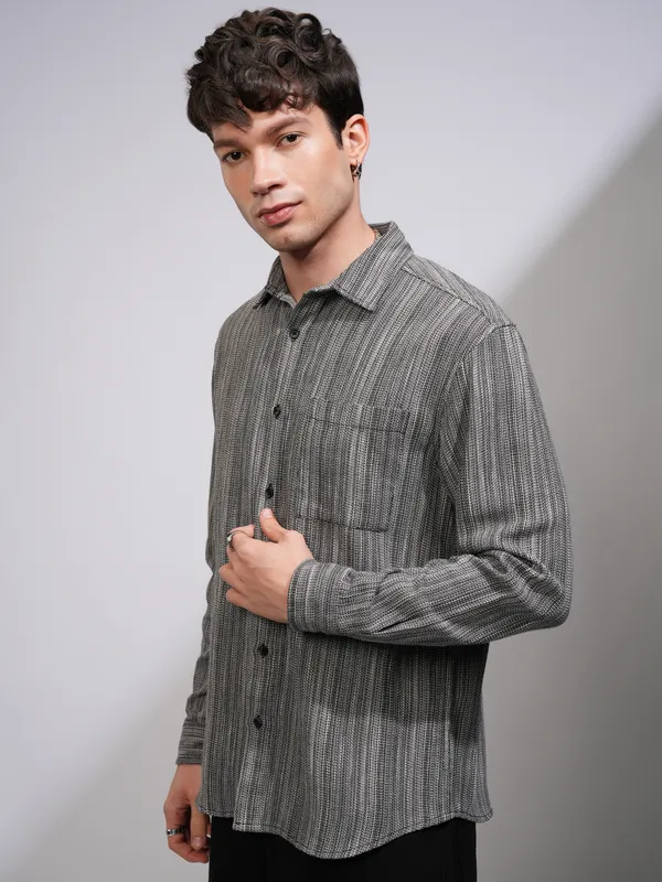 Highlander Men Black Self Design Relaxed Fit Casual Shirt