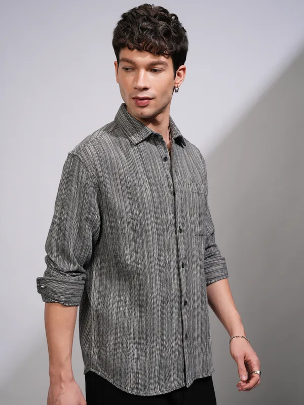Highlander Men Black Self Design Relaxed Fit Casual Shirt