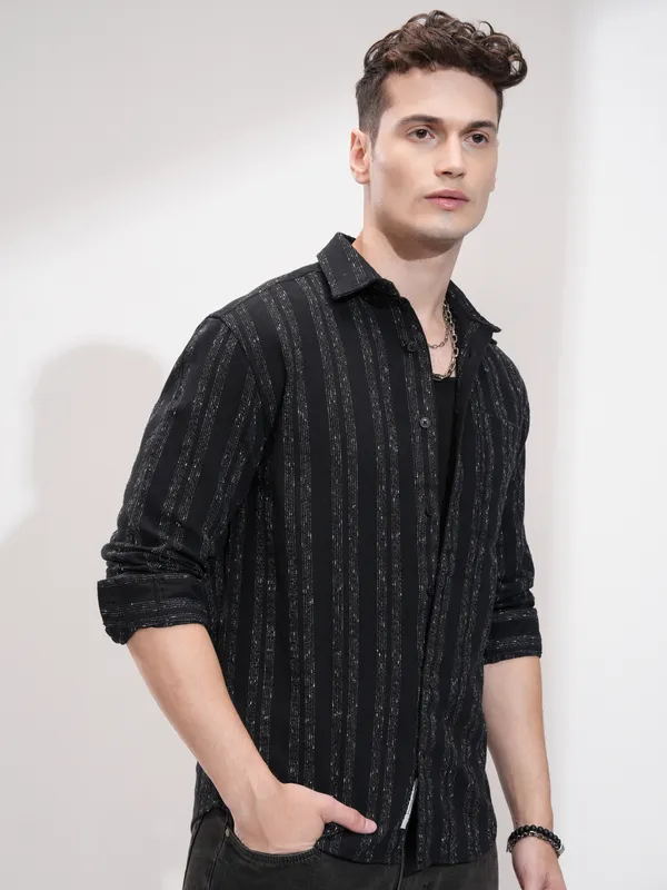 Highlander Men Black Striped Relaxed Fit Casual Shirt