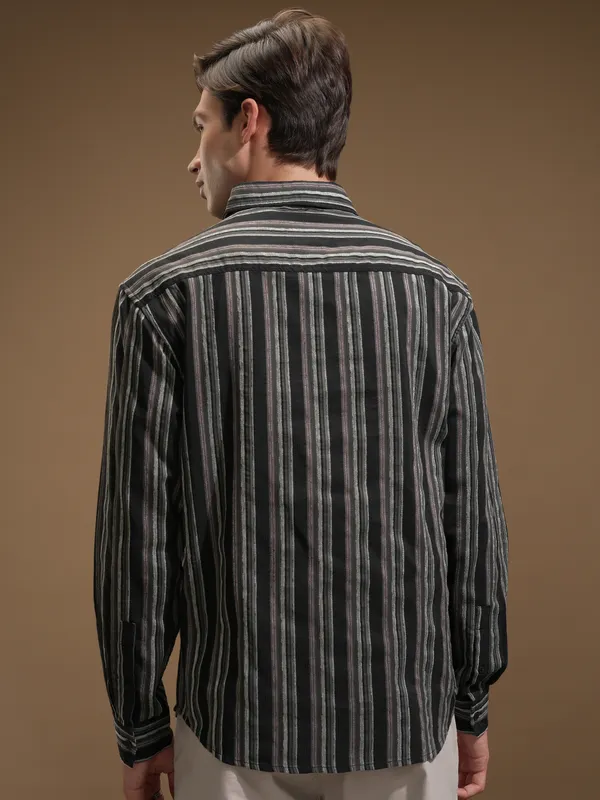 Highlander Men Black Striped Relaxed Fit Casual Shirt
