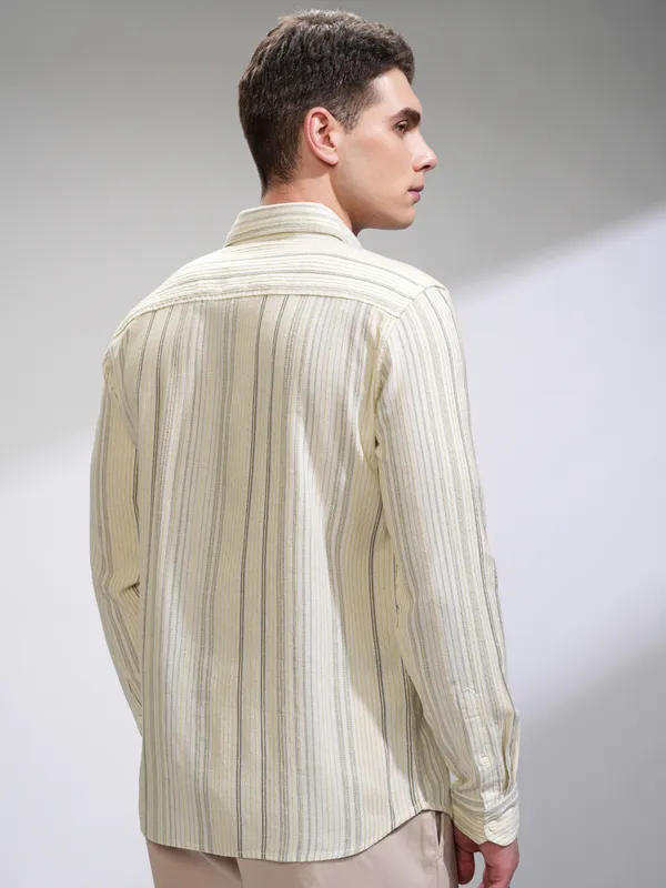 Highlander Men Off White Striped Slim Fit Casual Shirt