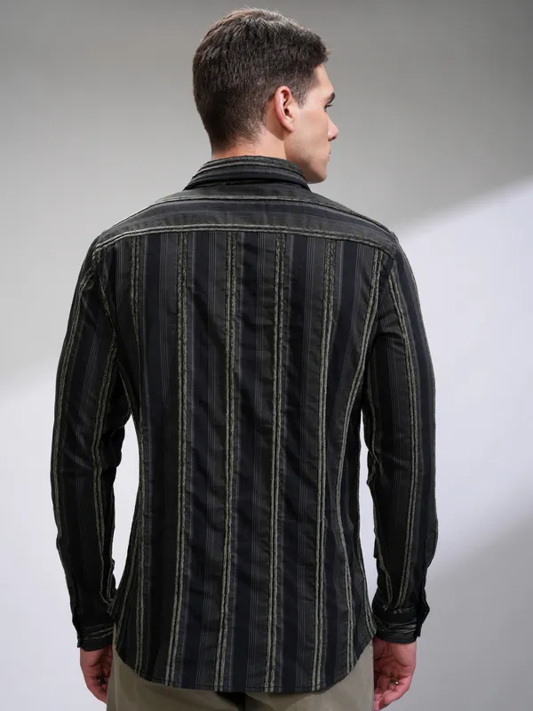Highlander Men Black Striped Slim Fit Casual Shirt