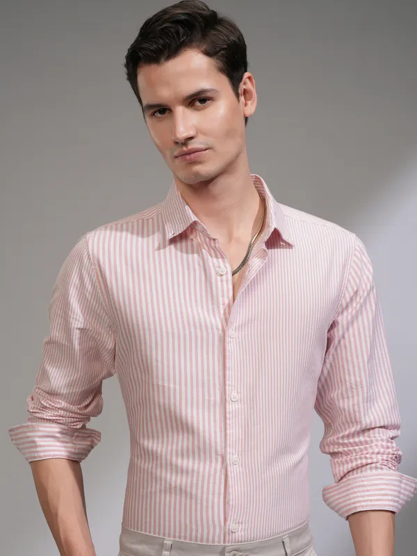 Highlander Men White Striped Slim Fit Casual Shirt