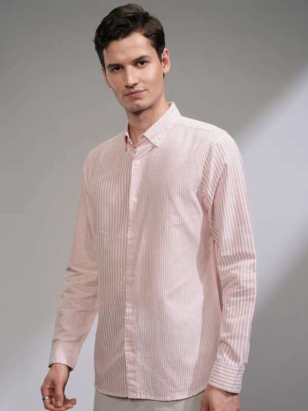 Highlander Men White Striped Slim Fit Casual Shirt