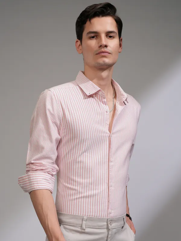 Highlander Men White Striped Slim Fit Casual Shirt