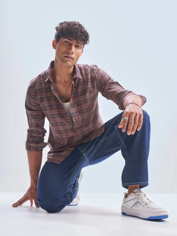 Highlander Men Rust Checked Slim Fit Casual Shirt