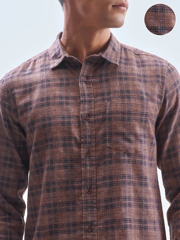 Highlander Men Rust Checked Slim Fit Casual Shirt