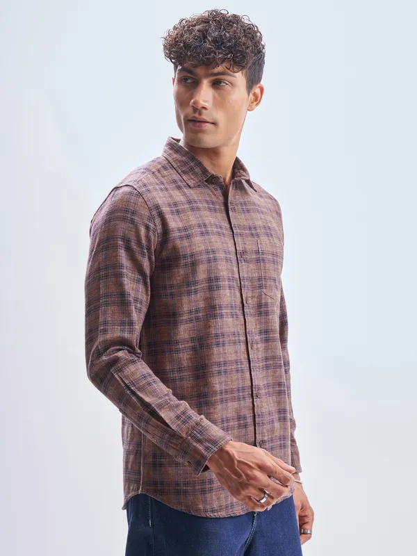 Highlander Men Rust Checked Slim Fit Casual Shirt