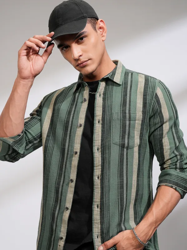 Highlander Men Sea Green Striped Slim Fit Casual Shirt