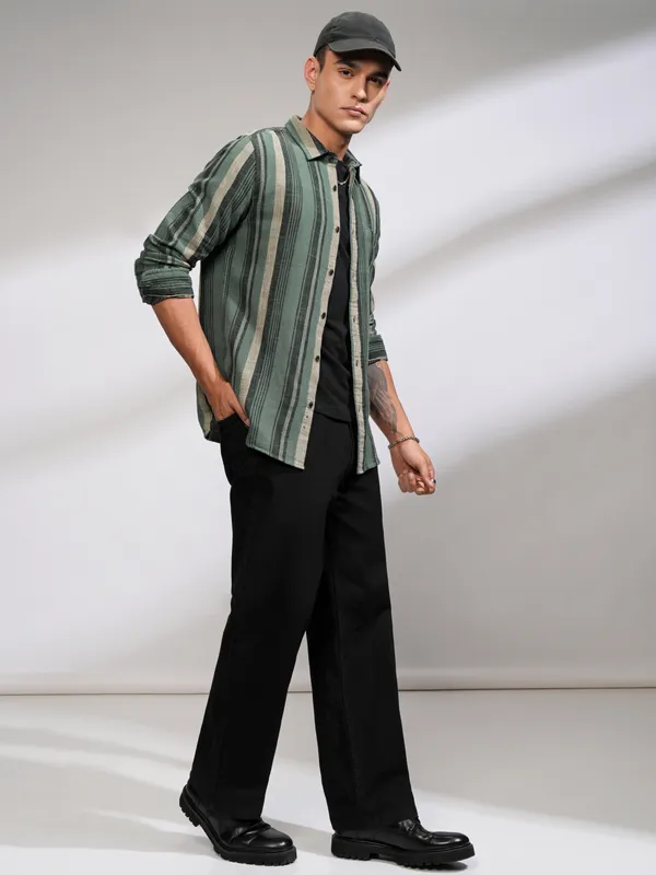 Highlander Men Sea Green Striped Slim Fit Casual Shirt