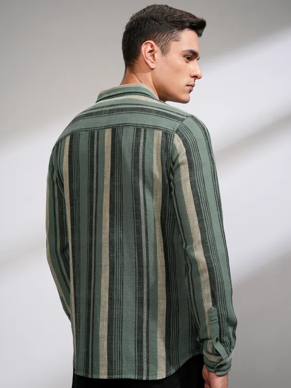 Highlander Men Sea Green Striped Slim Fit Casual Shirt