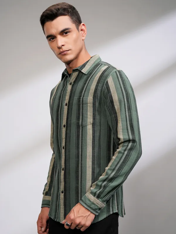 Highlander Men Sea Green Striped Slim Fit Casual Shirt