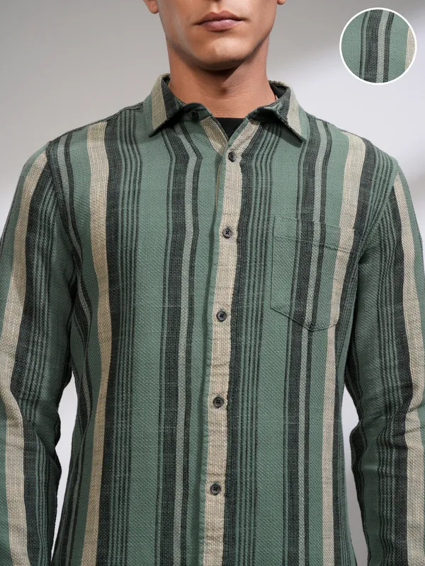 Highlander Men Sea Green Striped Slim Fit Casual Shirt