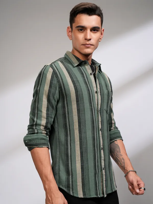 Highlander Men Sea Green Striped Slim Fit Casual Shirt