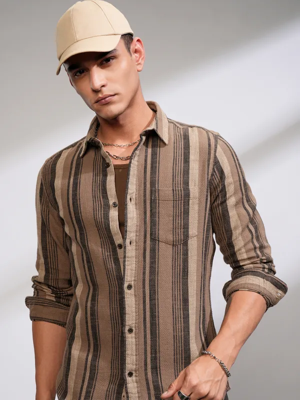 Highlander Men Beige Striped Slim Fit Casual Shirt