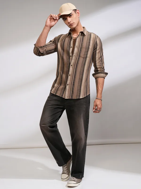 Highlander Men Beige Striped Slim Fit Casual Shirt